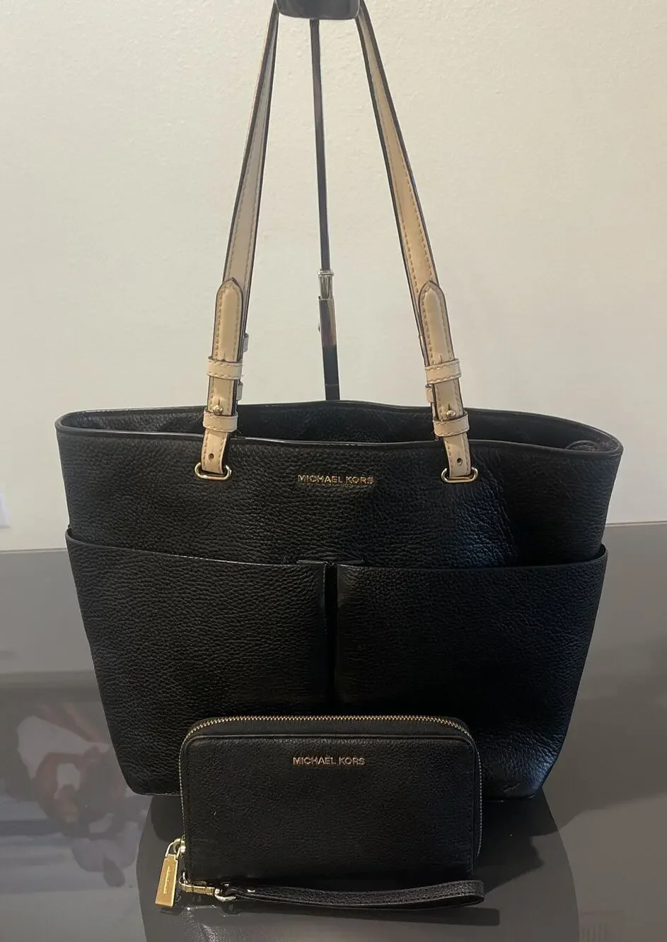 MICHAEL KORS Bedford Black Pebbled Leather Tote and Wallet Set